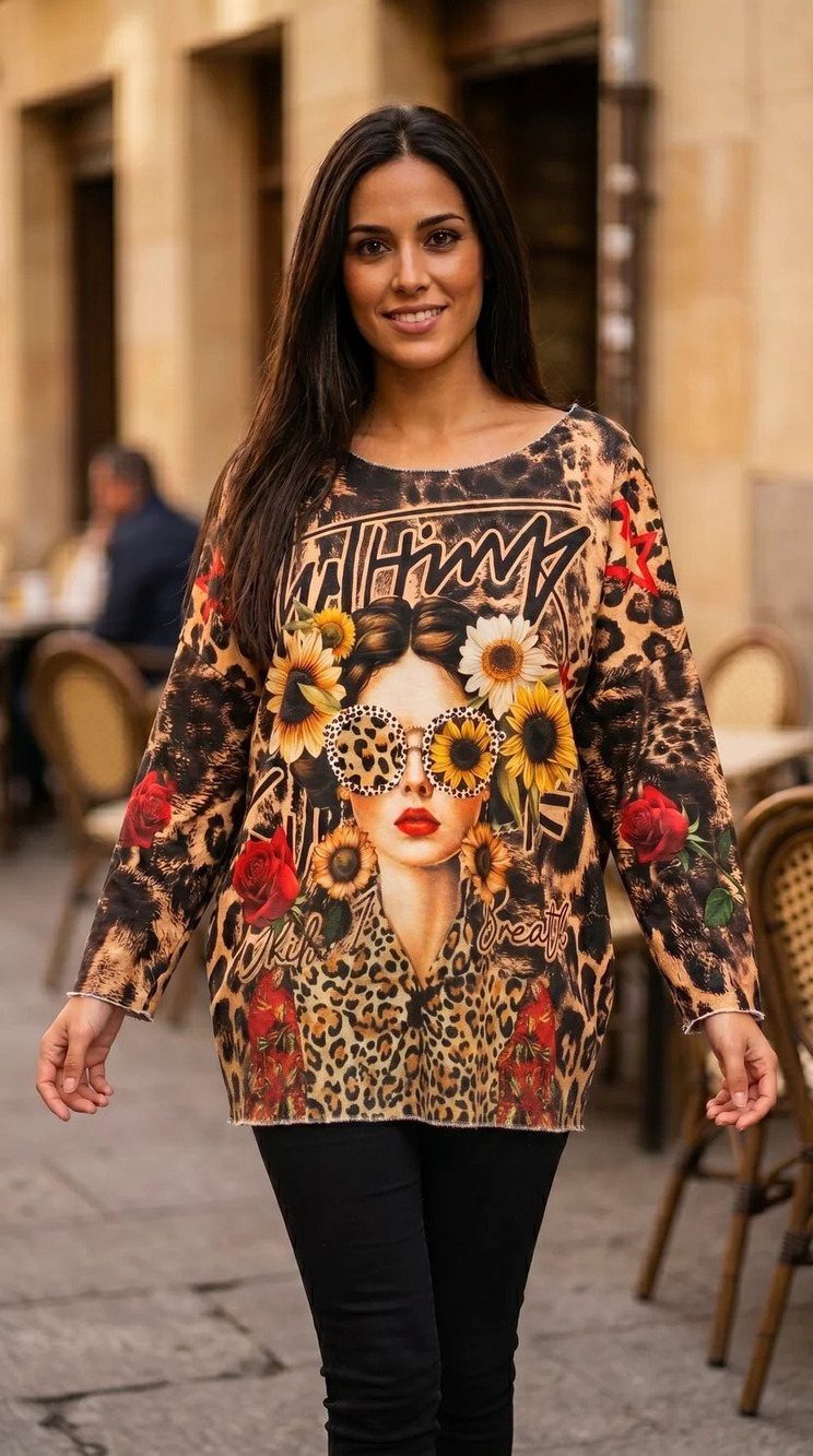 L452 | Loowie Leopard Sunflower Girl Printed Cosy Sweater | One Size S-L